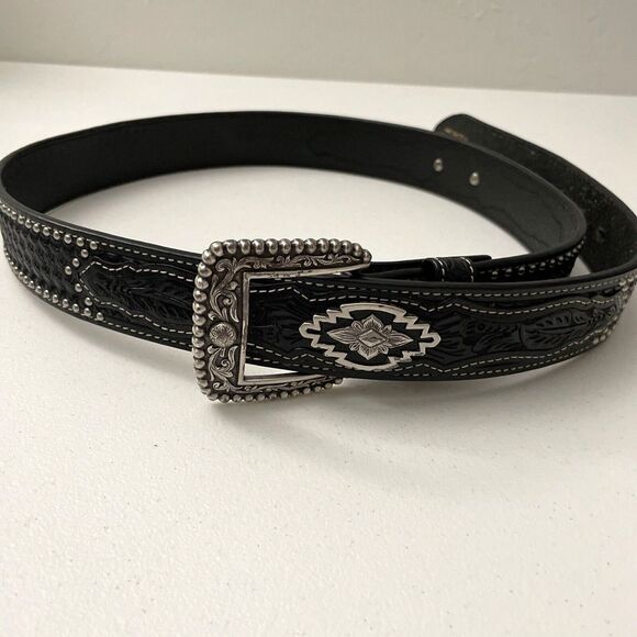 Ariat Other - Ariat Leather Sands Hand Tooled Belt Men Size 42 Black Southwestern Aztec Cowboy